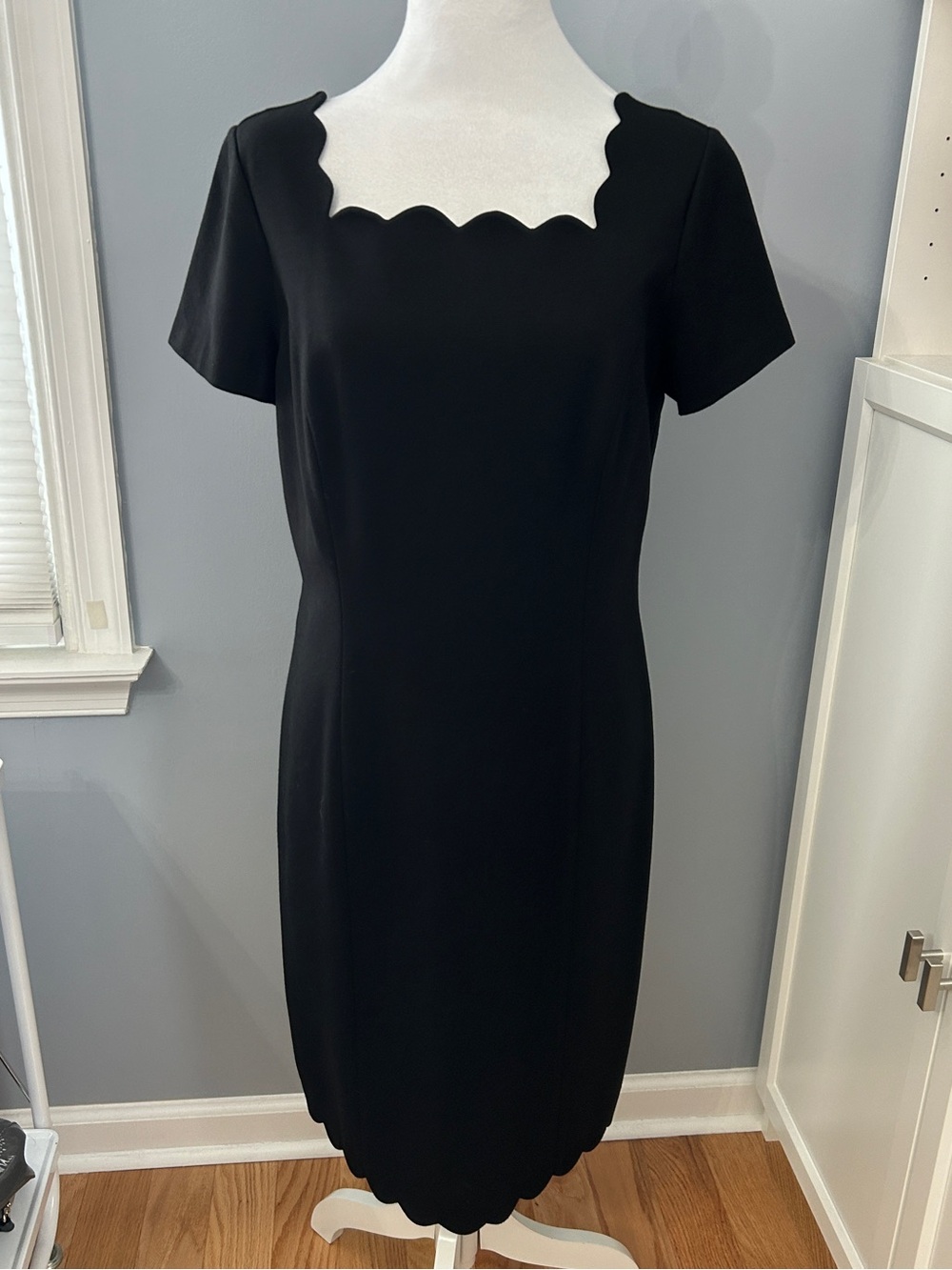 Talbots Black Sheath Dress Size 8 Scalloped Neckline Short Sleeve Classic LBD